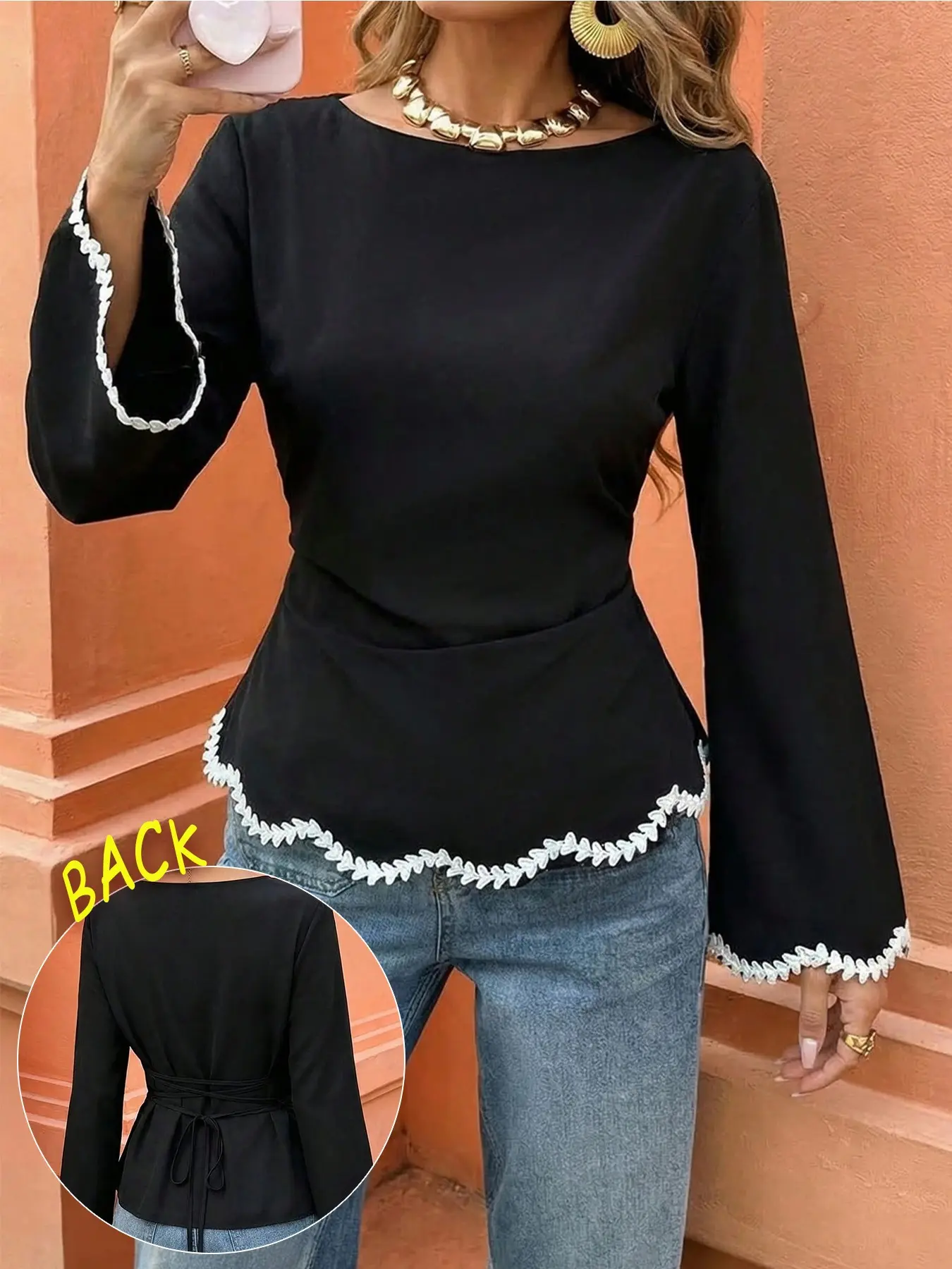 【Back to School Outfits】Elegant Chic Heart Braided Wave Edge Shirt for Women, Ruched Waist Colorblock Top, Perfect for Dates and Back-To-School Season