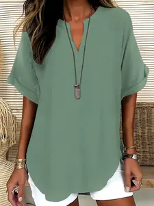 Women's Simple Solid Color Commuter V-Neck Drop Shoulder Vintage Versatile Top, Short Sleeve Fitted H-Type Blouse, Casual Fashion