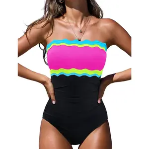 One Piece Swimsuits for Women Tummy Control Strapless Bathing Suits 2026 Neon Bandeau SwimwearGift