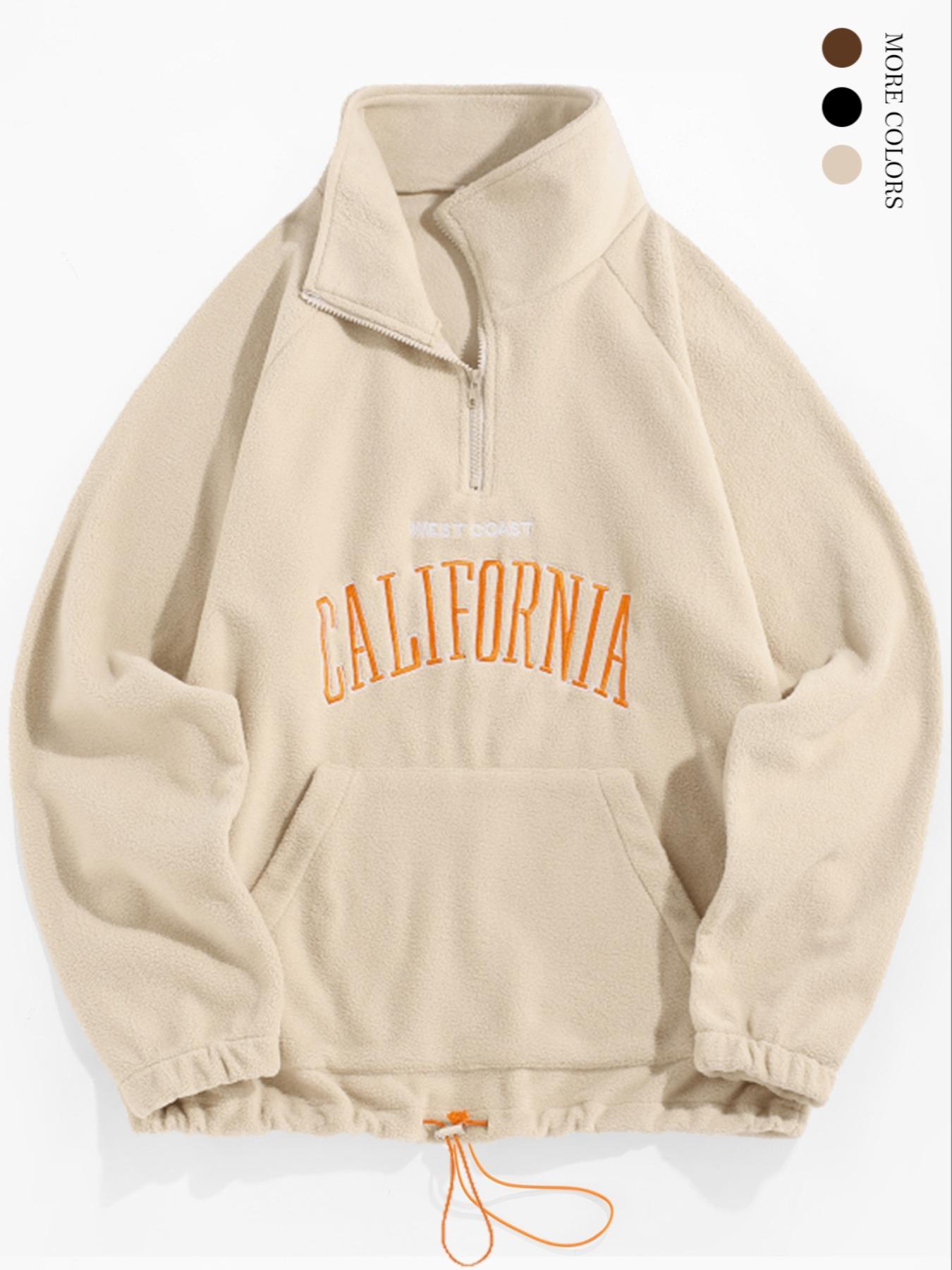 Men's Casual Loose-Fit High Neck Sweatshirt, California Embroidery Long Sleeve Pullover, Thick Fleece Fabric for Fall & Winter, Embroidered Sweatshirt