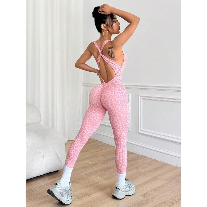 Women's Leopard Yoga Jumpsuit  Sexy Cropped Romper for Pilates  Gym
