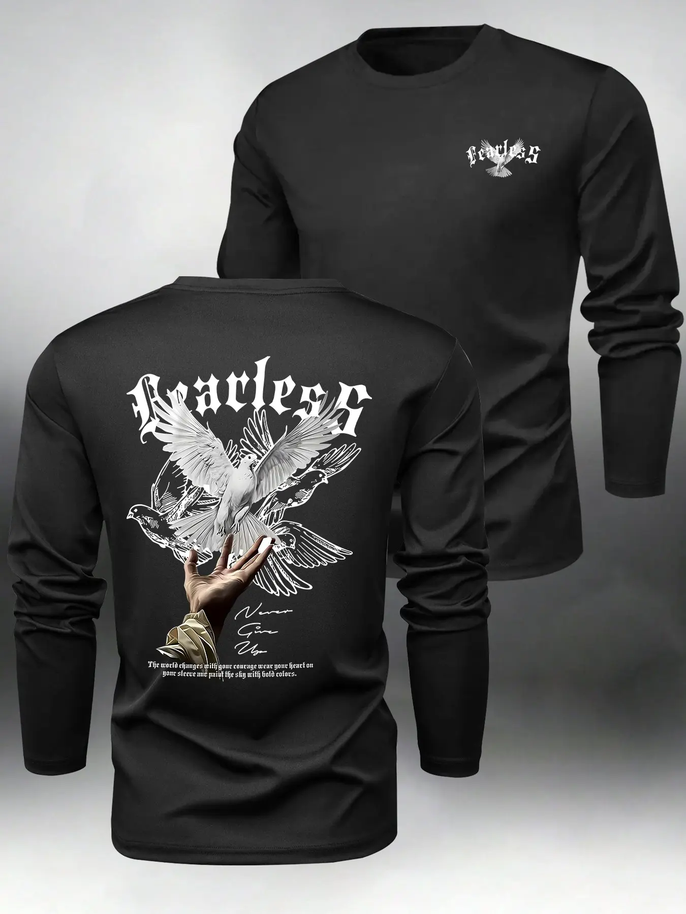 Men’s Crew Neck Long Sleeve T-Shirt with Fearless Dove & Inspirational Print, Comfortable Casual Streetwear, Trendy Graphic Tee for Daily Wear