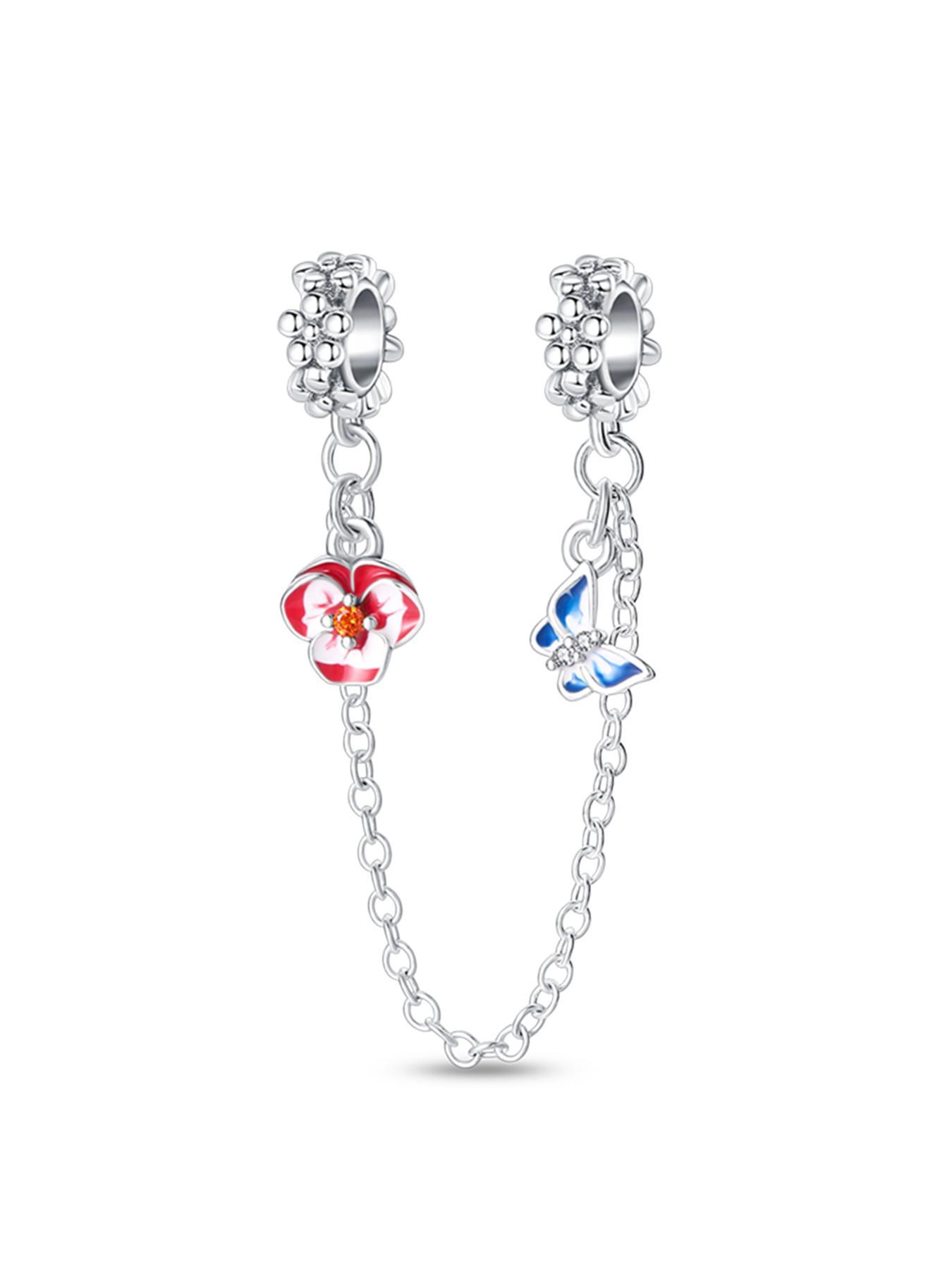 S925 Sterling Silver Cute Flower & Butterfly Design Safety Chain Charms, Fashionable Beads for Women's Bracelet & Necklace & Keychain, DIY Jewelry for Birthday Gift