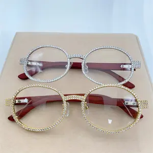 Internet celebrity trendy copper zircon glasses, men's and women's personalized wooden legs semi-round frame European and American diamond glasses