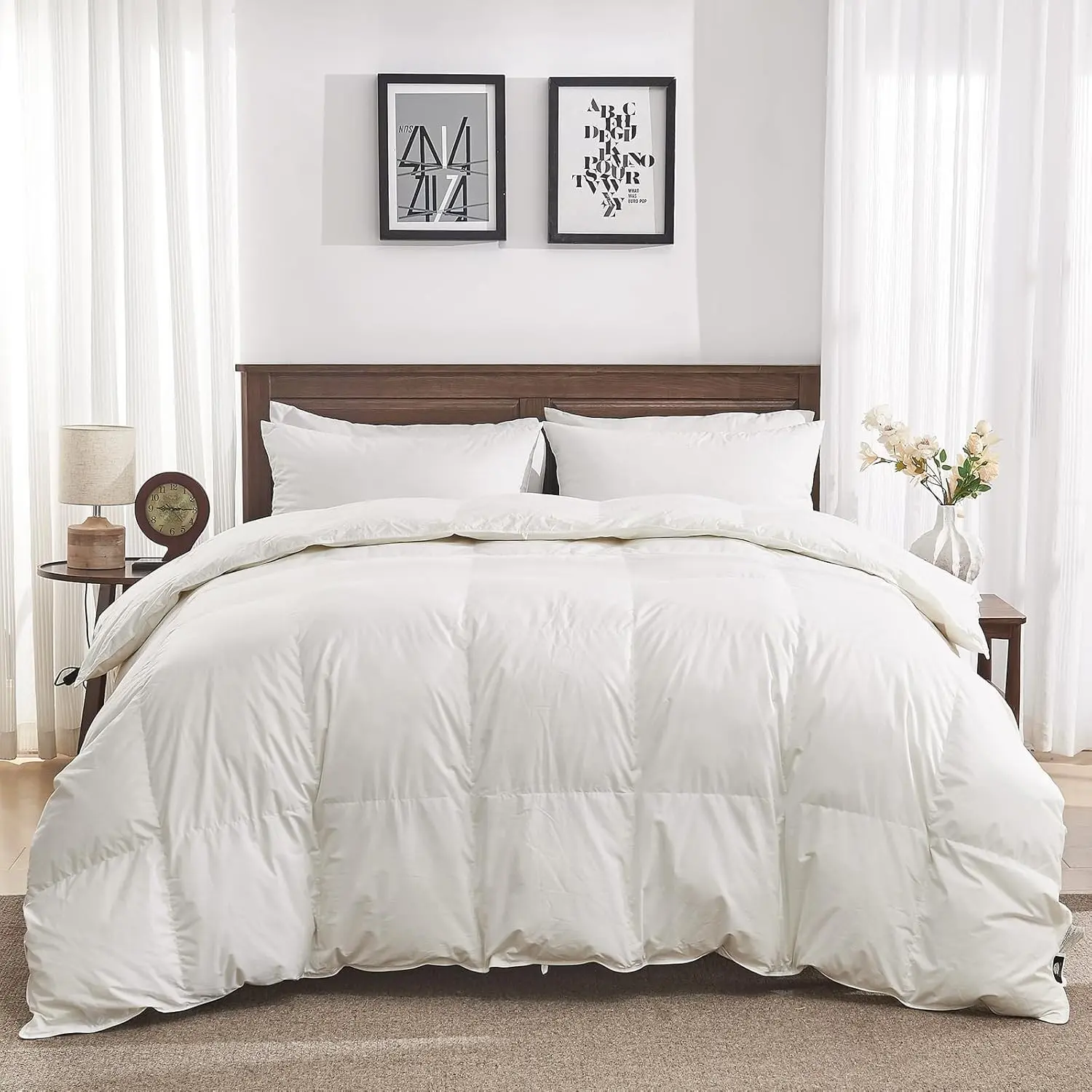 Goose Feather Down Fiber Comforter Twin Size - 100% Organic Cotton Shell All Season Duvet Insert, Medium Warmth Hotel Luxury Bedding Comforter(68x90 Inch, White)
