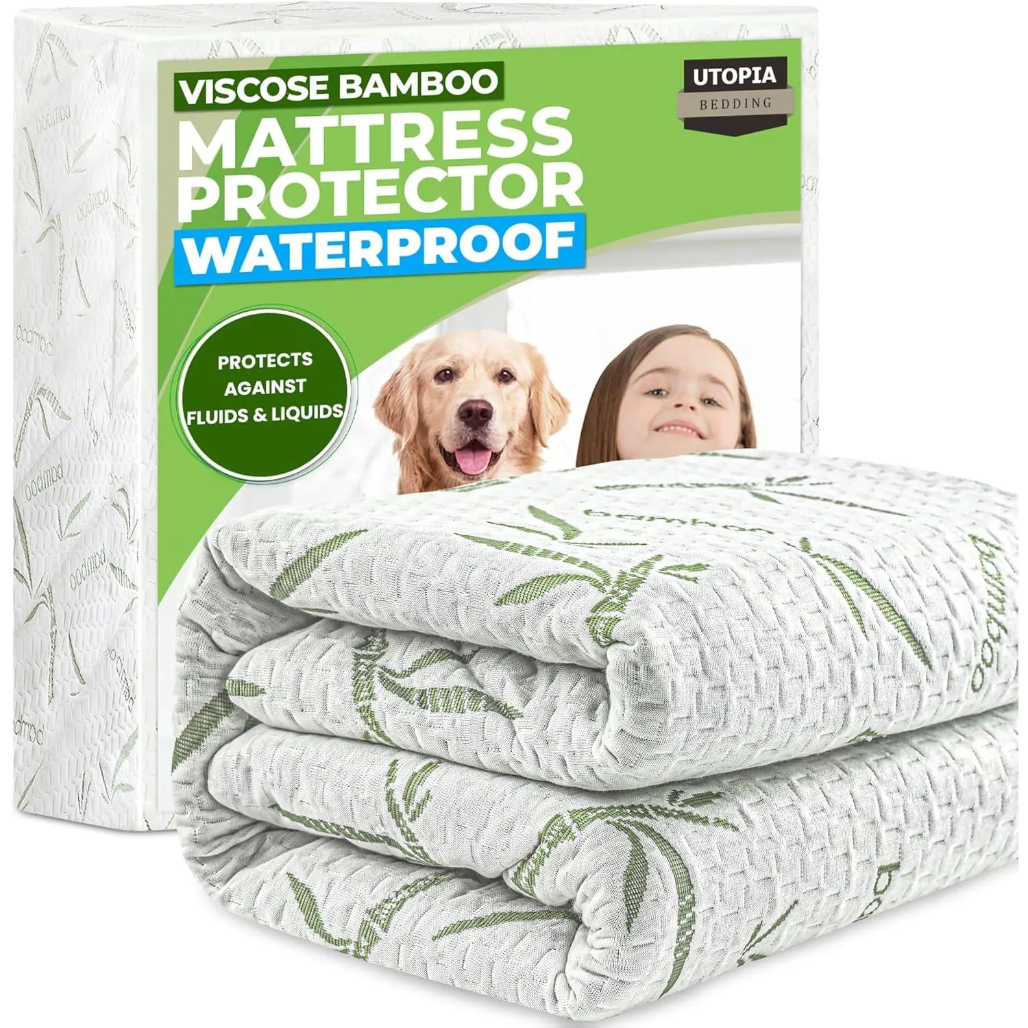 Bamboo Viscose Waterproof Mattress Protector Queen Size, fits 17" deep |   Bedding Cooling Mattress Cover, Soft Breathable Mattress Pad, Noiseless, Fitted Style, Stretchable Pockets, Washable