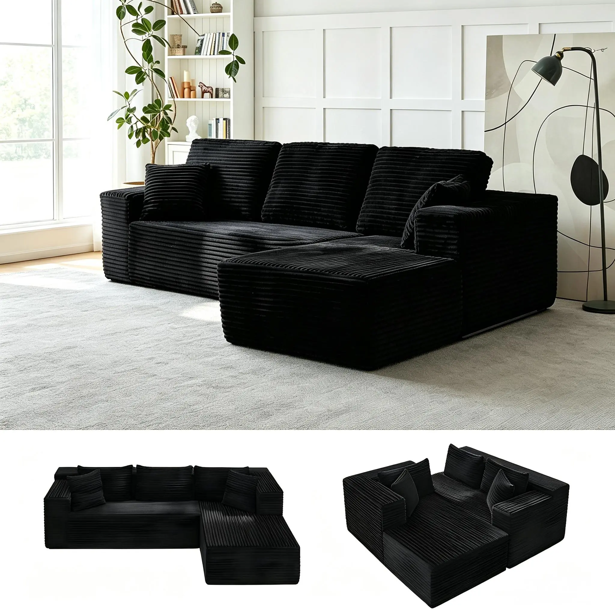 L-Shaped Corduroy Cloud Compression Sectional Sofa with Chaise - Sturdy, No-Assembly Couch in a Box, Sleeper Bed, Modular Deep Seating, High-Density Foam Upholstered Small Living Room # cream,sohochic