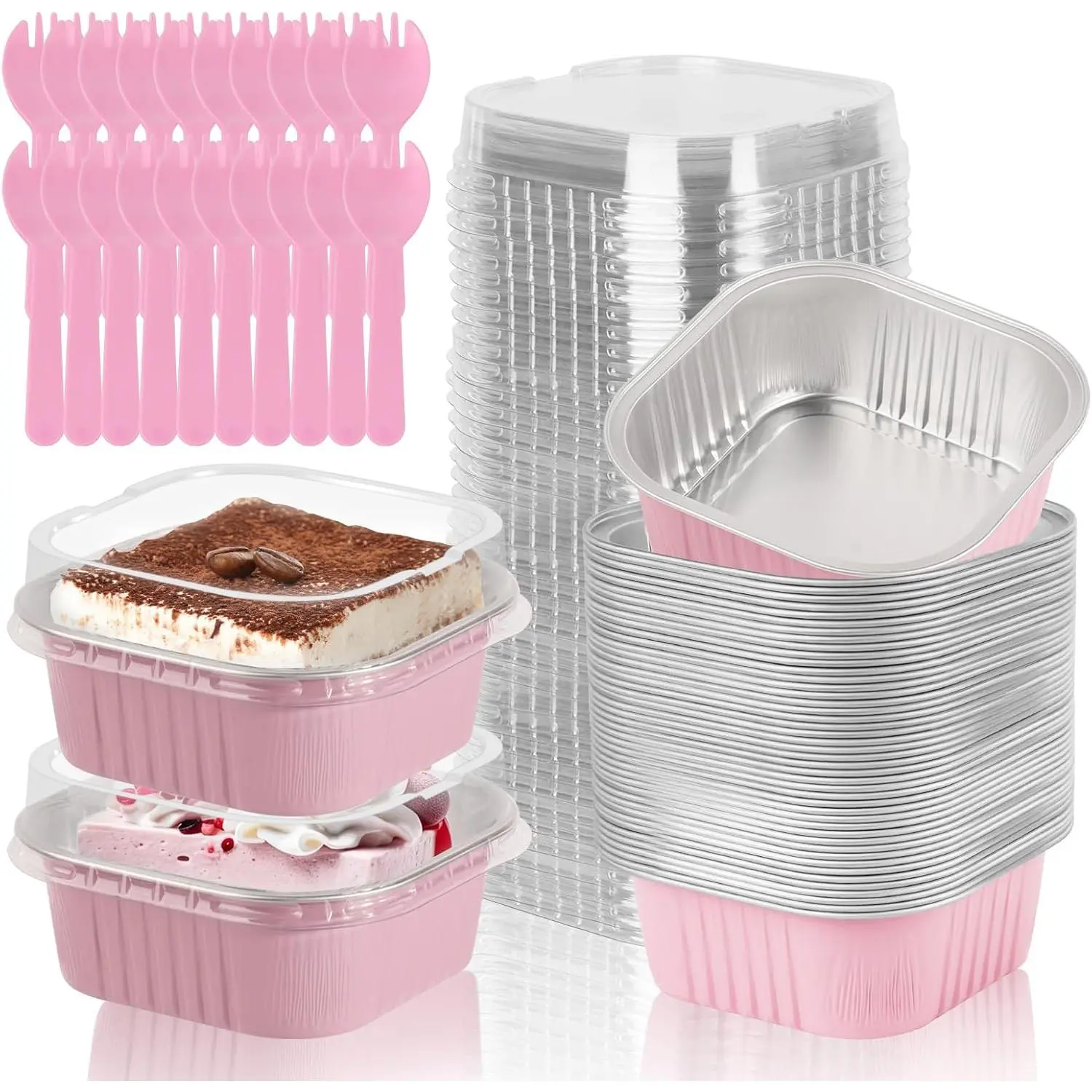 Pet Bakeware 20-Pack Pink 10oz Aluminum Foil Square Mini Baking Pans with Lids & Spoons, 4.4x4.4in Disposable Oven-Safe Microwave-Ok Containers for Baked Party, Wedding Needs