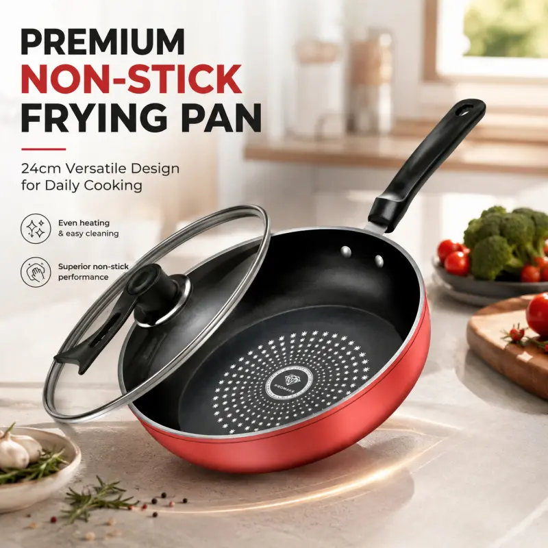 24cm Premium Non-Stick Frying Pan with Lid - Thickened Composite Base, Even Heating & Easy Cleaning for Daily Cooking High Quality Cookware