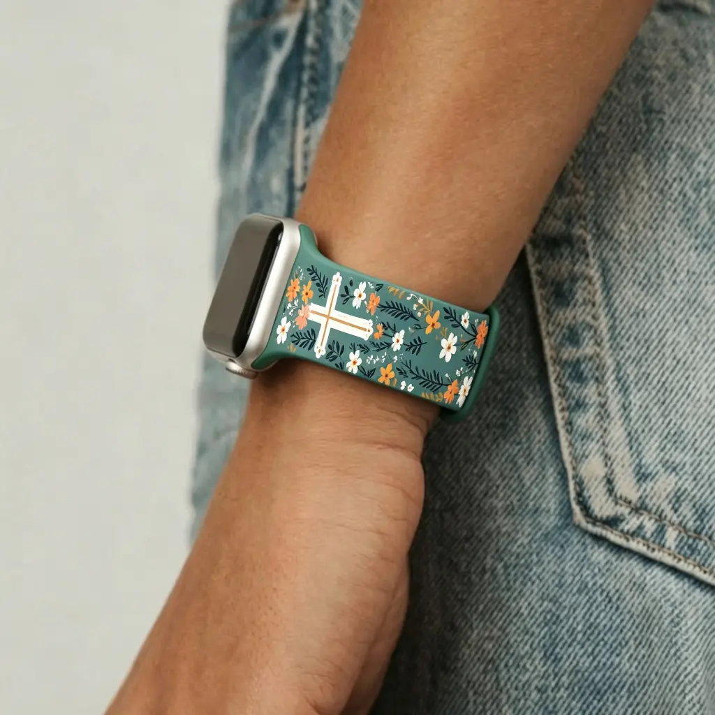 Dusty Blue Floral Christian Cross Print Silicone Bag Strap, Fully Water Resistant Faith Accessory with Adjustable Holes, Soft Boho Replacement Strap for Believers, Wearable Multi-Size Luggage & Bag Accessory, Watches