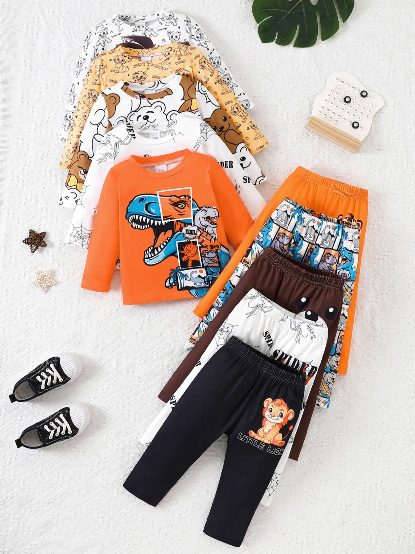 Spring/Fall weight 10-Piece Baby Boy Set, 3D Animal & dinosaur, spider, bear cub, lion, and tiger Print Long Sleeve T-Shirt & Pants, Soft Comfortable Cozy Fashion, Ideal for Outdoor Wear
