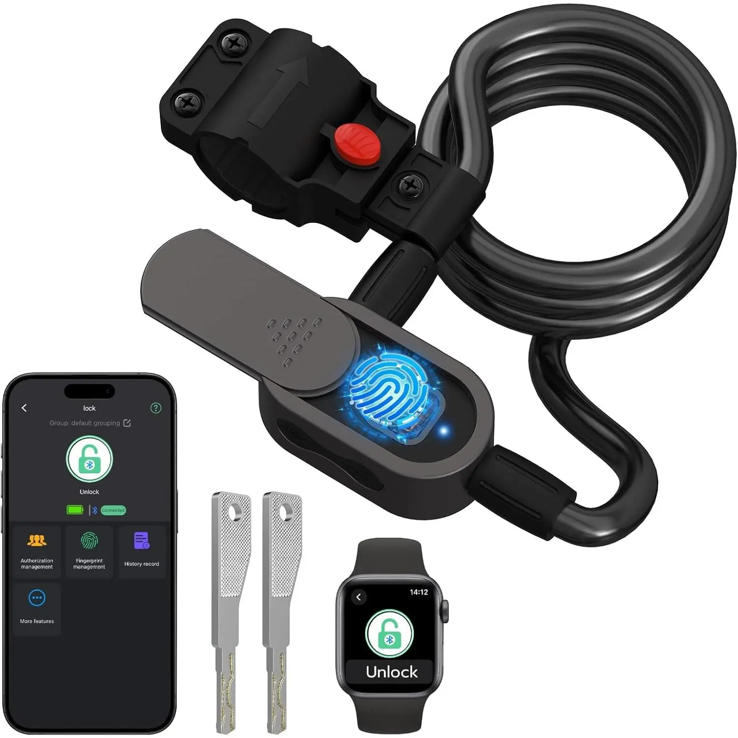 Bike Lock with Fingerprint, Bicycle Lock with Keys Fingerprint Bluetooth Control Digital Electronic Biometric, Heavy Duty Waterproof High Security Bike Locks Scooter Motorcycle Bicycle-Black