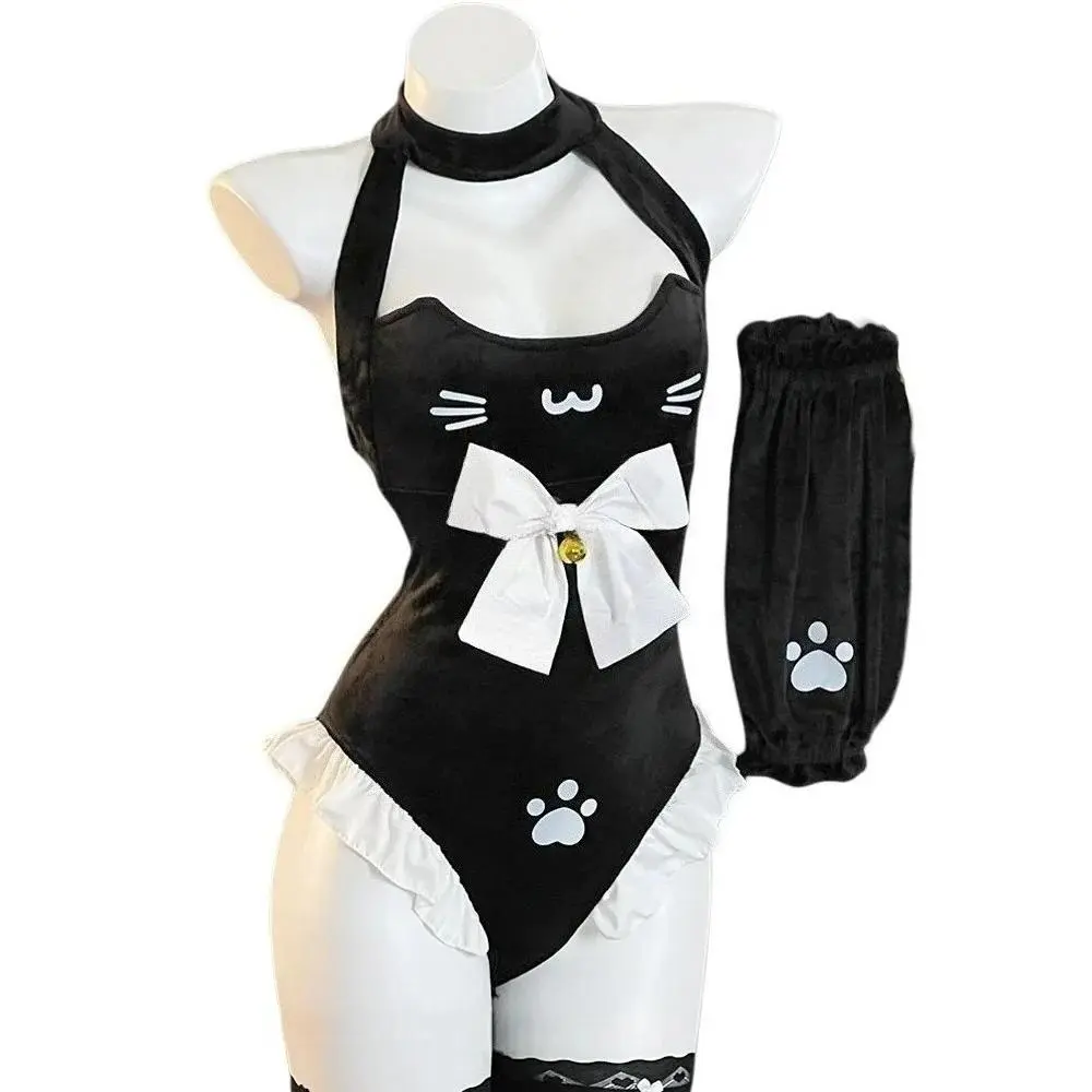 Anime Cat Girl Maid Uniform Cute Cat's Paw Bow Bodysuit Outfits Cosplay Costumes Bell Kitty Role Play Underwear Nightwear