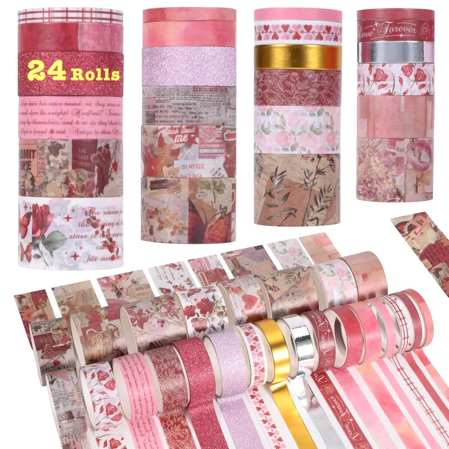 FETELK 24 Rolls Washi Tape for Scrapbook Supplies(Romantic Eternal Series) | Flower Decorative Masking Tape,DIY Art Crafts,Planners, ,Wrapping,Decorative Tapes for Scrapbooking and Journaling