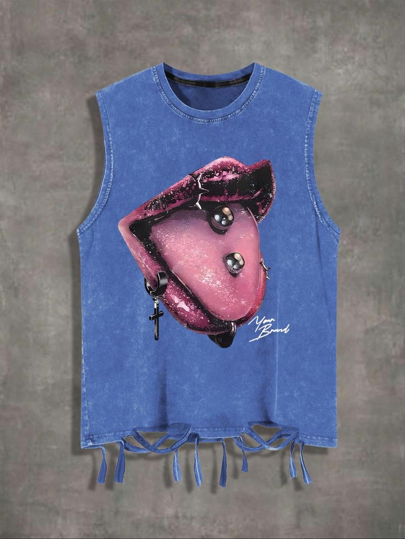 Men's Cartoon Lip Print Round Neck Tank Top, Regular Fit Street Fashion Casual Sleeveless Top for Summer, Men's Clothes for Daily Wear, Solid Sleeveless Menswear, Cotton Breathable Tank Tops, Streetwear Tank Vest