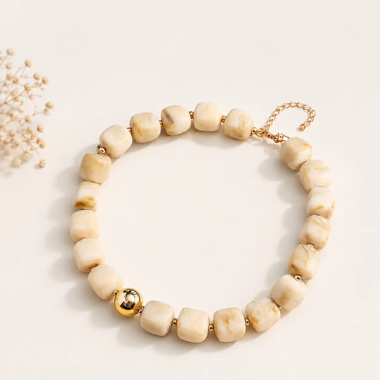 Women's Long Bohemian Resin Beaded Necklace - Marble Finish, Bead String Style, Chunky Design, Versatile Casual Daily Fashion Accessory, Bead String Necklaces, Chunky Resin Bead Necklaces