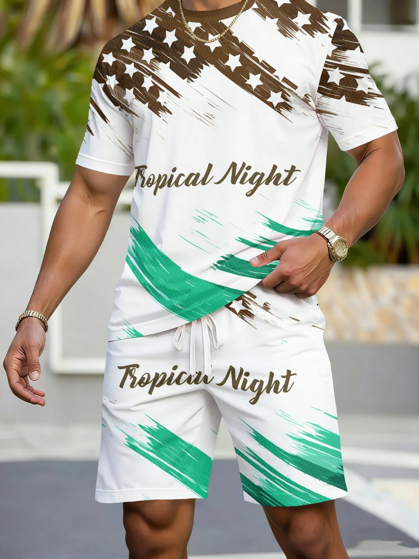 Men's stylish printed tracksuit, suitable for sports and fitness, everyday casual wear, lightweight and breathable summer men's two-piece set.