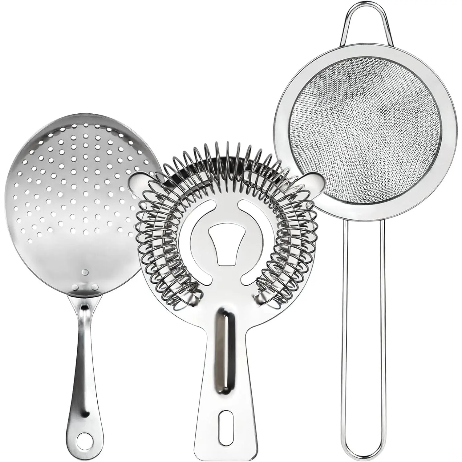 3-in-1 304 Stainless Steel Cocktail Strainer Utensil Set with Handles - Includes Julep, Hawthorne, Fine Mesh Strainers, Essential Home Bar Tool for All Cocktail Straining Techniques