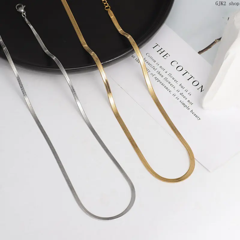 Gold & Silver Tone Stainless Steel Herringbone Chain Necklace, Dainty Flat Snake Adjustable Chain Choker for Women