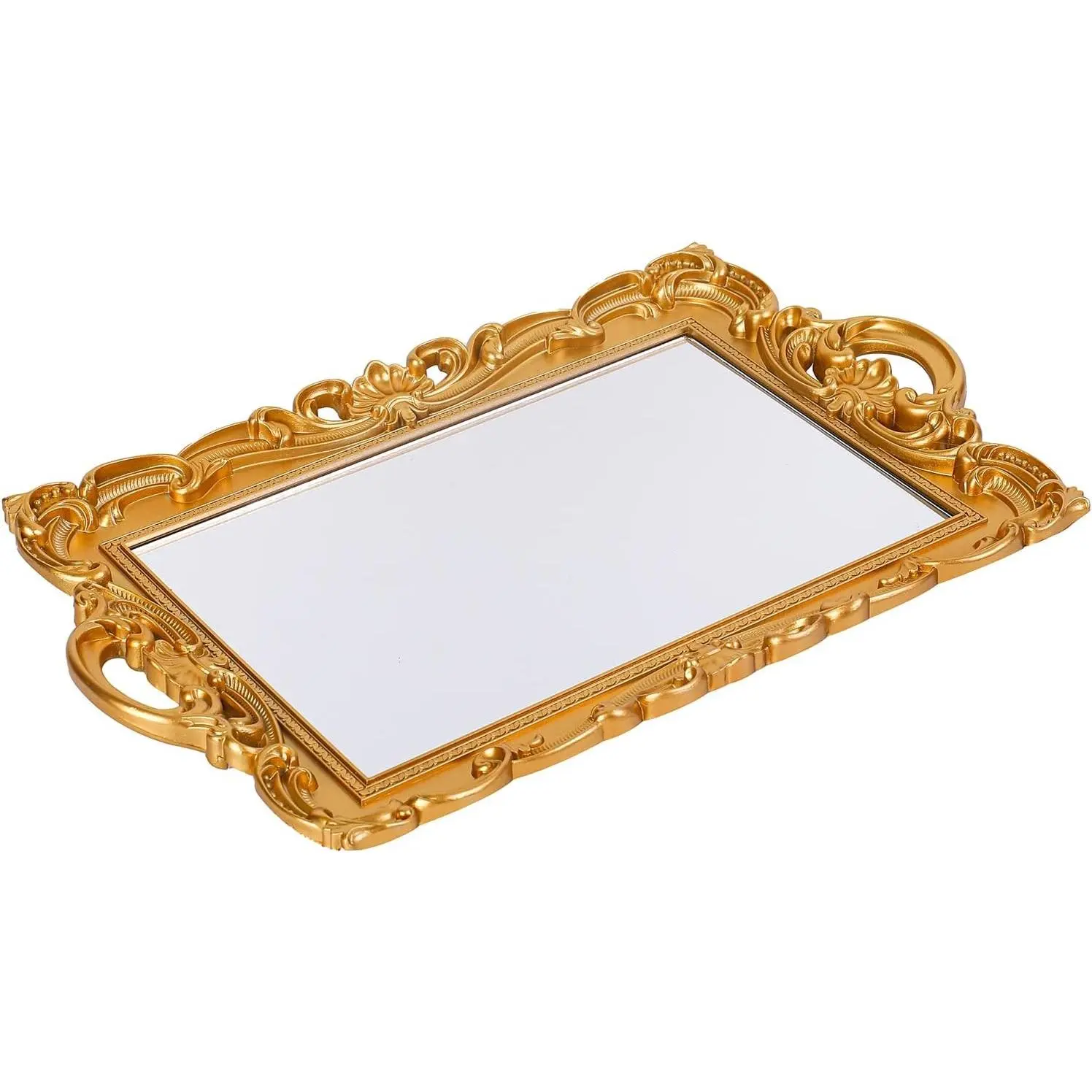 Gold Decorative Mirror Tray, 15.3"x9.8" Rectangle Bathroom Vanity Tray with Handles, Serving Tray for Dessert Table, Coffee Table, Home Decor