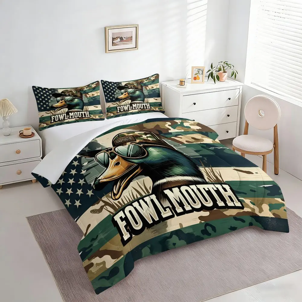 2/3Pcs Duck Hunting Camo Comforter Set, US Flag Print Bedding Set, Soft Quilt with Pillowcase, Rustic Outdoor Cabin Decor, Bedspread for Men Teen Boys Bedroom Gifts No Pillow Core