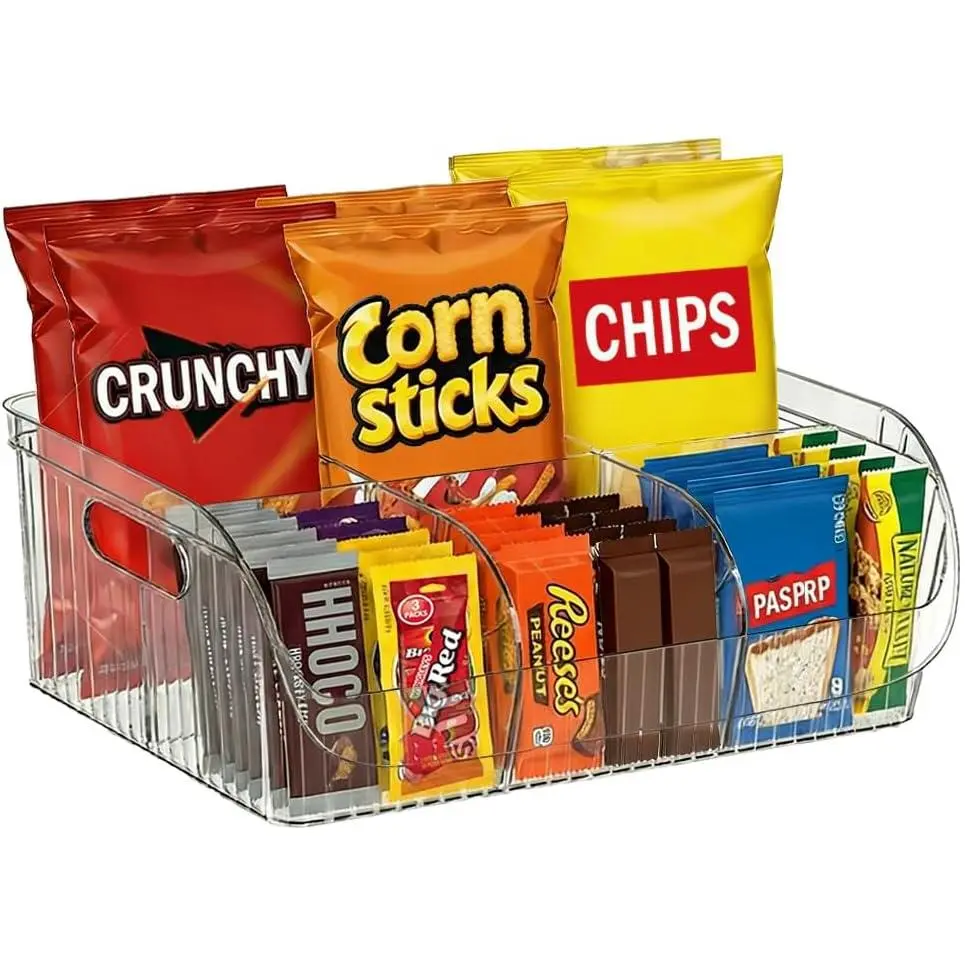 Large Snack Organizer for Countertop, Clear Snack Storage Bin | 13.7"×9.3"×6" for Kitchen Pantry, 6 Compartment Plastic Snack Bar with Dividers for Cabinet, Chip Packet Holder for Office
