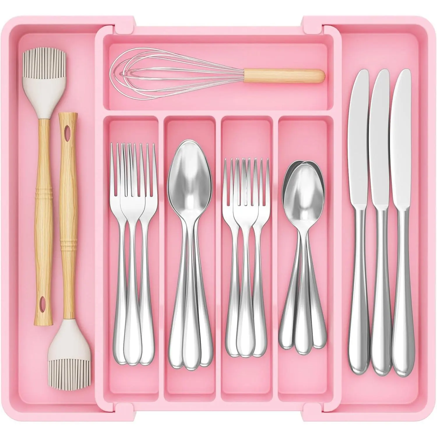 Silverware Drawer Organizer, Expandable Utensil Tray for Kitchen, BPA Free Flatware and Cutlery Holder, Adjustable Plastic Storage for Spoons Forks Knives, 8.5"-14.1" x 12.1", Pink