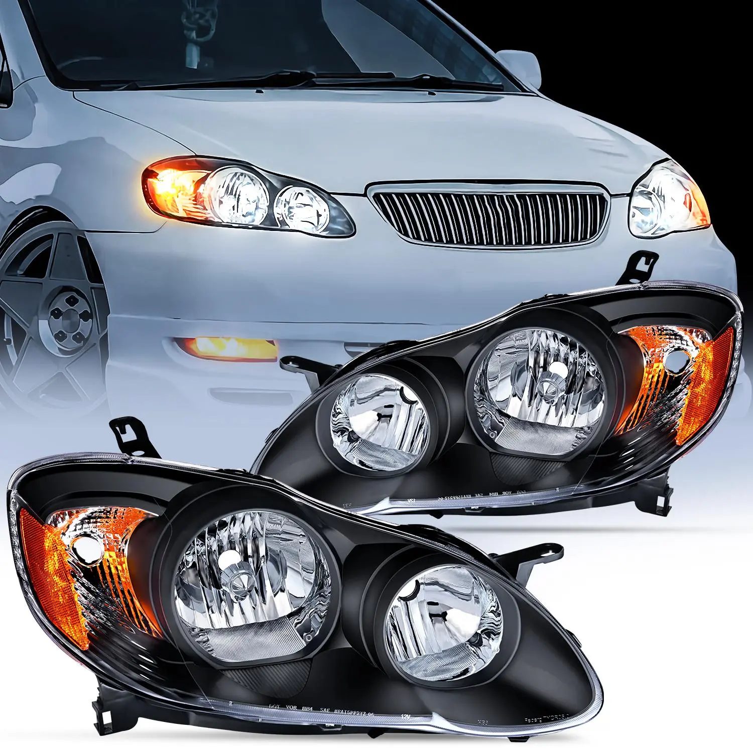 Nilight Plug-and-Play LED Car Headlight Assembly Pair Set (1 Pair) for 2003-2008 Toyota Corolla - Black Housing, Amber Reflector, Wide Beam, Waterproof IP65, Temperature-Resistant, High-Impact, Night Safety, Driver/Passenger Side Replacements, Yes, Bright