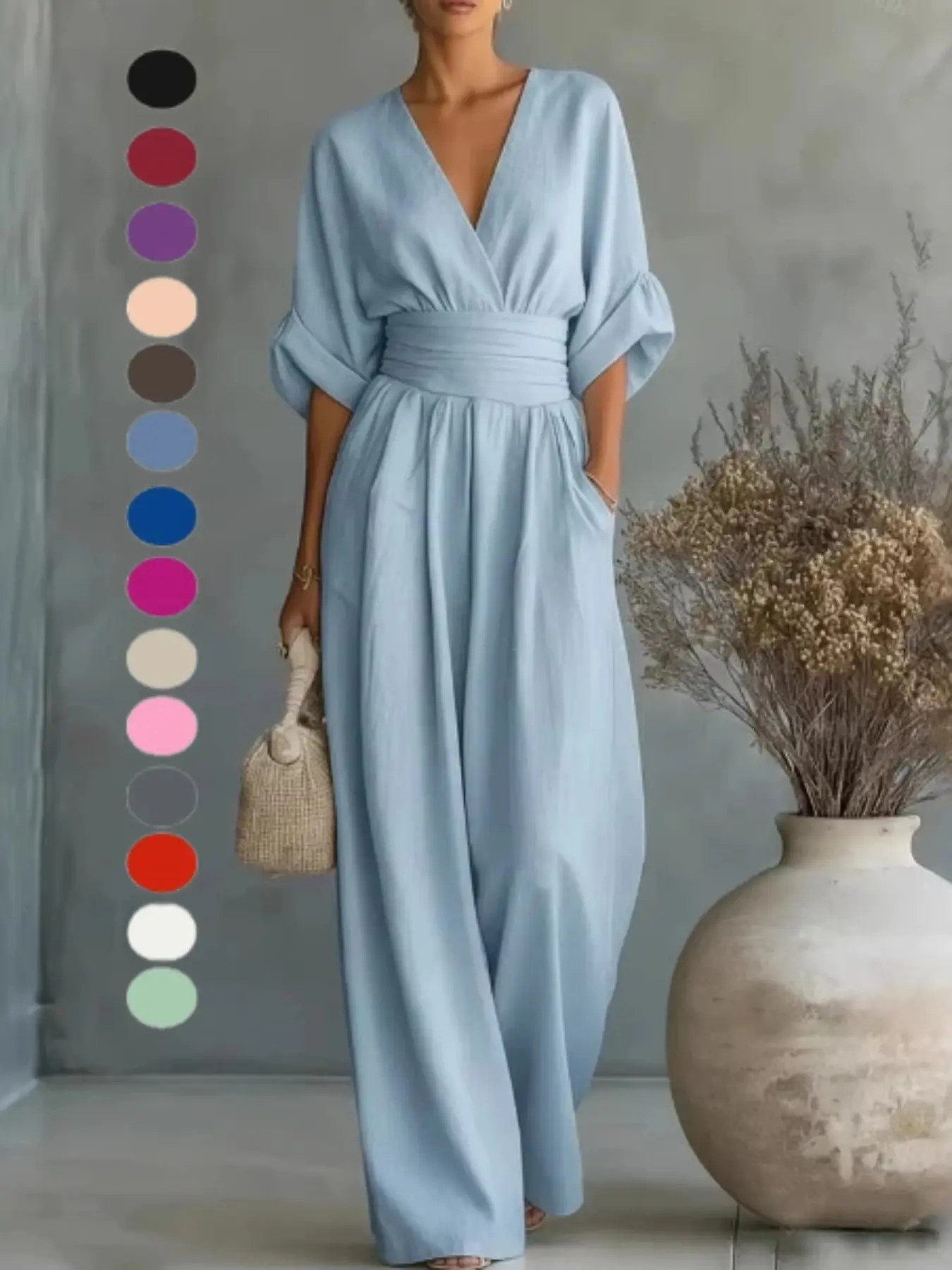 Women's Elegant Short V-Neck High-Waisted Solid Romper, Spring/summer New Arrival, Cross-Border Fashion, Perfect for Casual Wear, Available Now