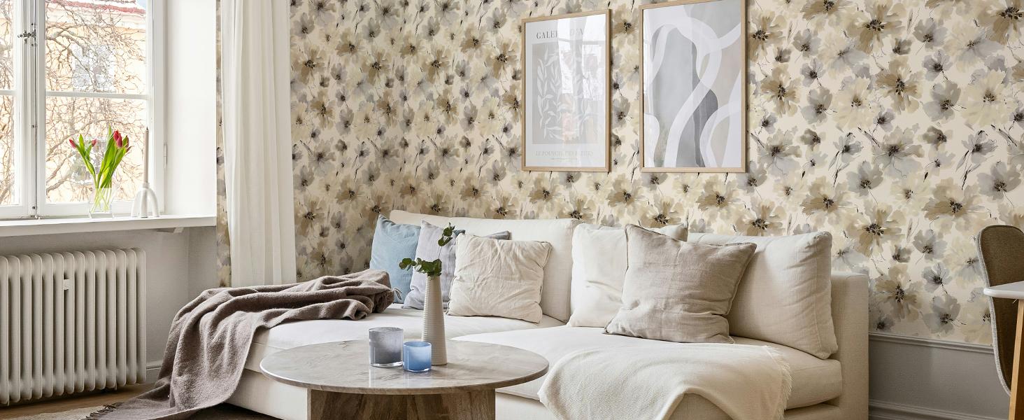 Floral Peel and Stick Wallpaper, Beige Yellow Watercolor Flower Contact Paper Peel and Stick for Bedroom, Vintage Removable Waterproof Self Wall Paper 118 x 17.3in, 14.4 sq.ft