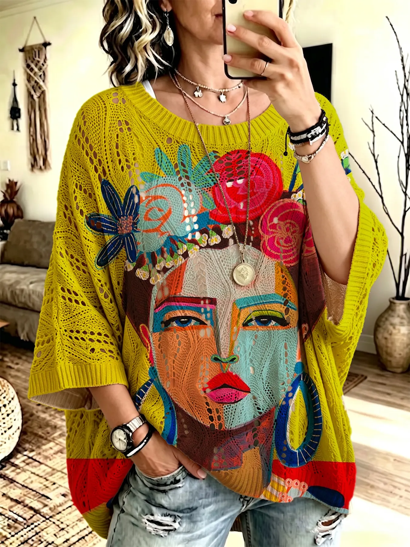 Women's Boho Style Long Sleeve Knit Top, Round Neck Batwing Sleeves, Colorblock Portrait Print, Casual Elegant Commuter Wear