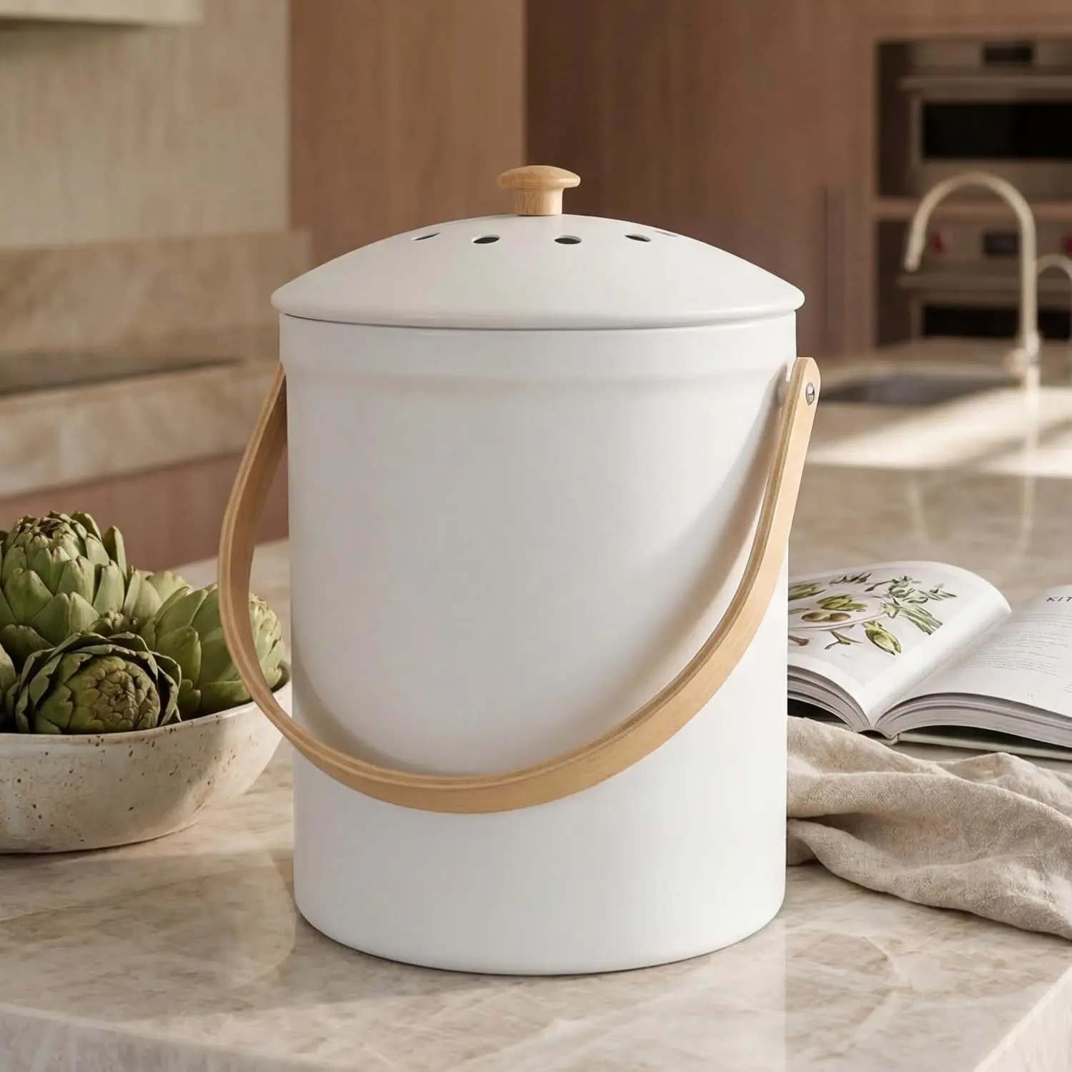 Beautiful Kitchen Compost Bin with Smell Proof Lid for Countertop | Rust Proof and Odorless 1.1 Gallon Bucket with No Smell Filters - Easy to Clean and Looks Great on Any Kitchen CounterGift