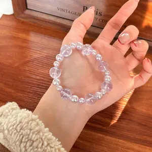 「First Love」Natural Amethyst Single-Strand Beaded Bracelet with Pearl Accents | Fresh Elegant Designer Jewelry for Women