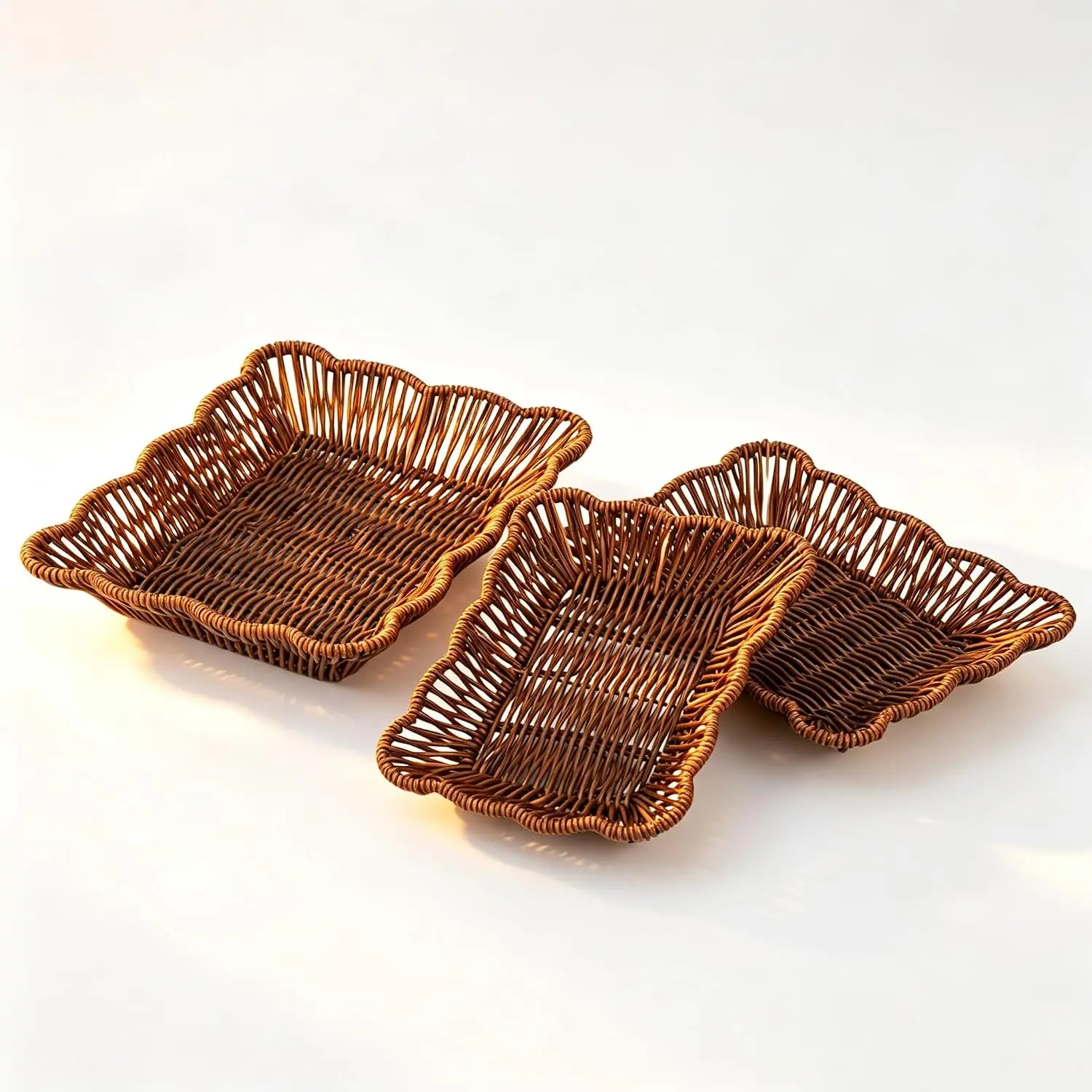 Wicker Basket 3 Pack, Washable, Synthetic Rattan Tray, Food Serving Display (Rectangular)