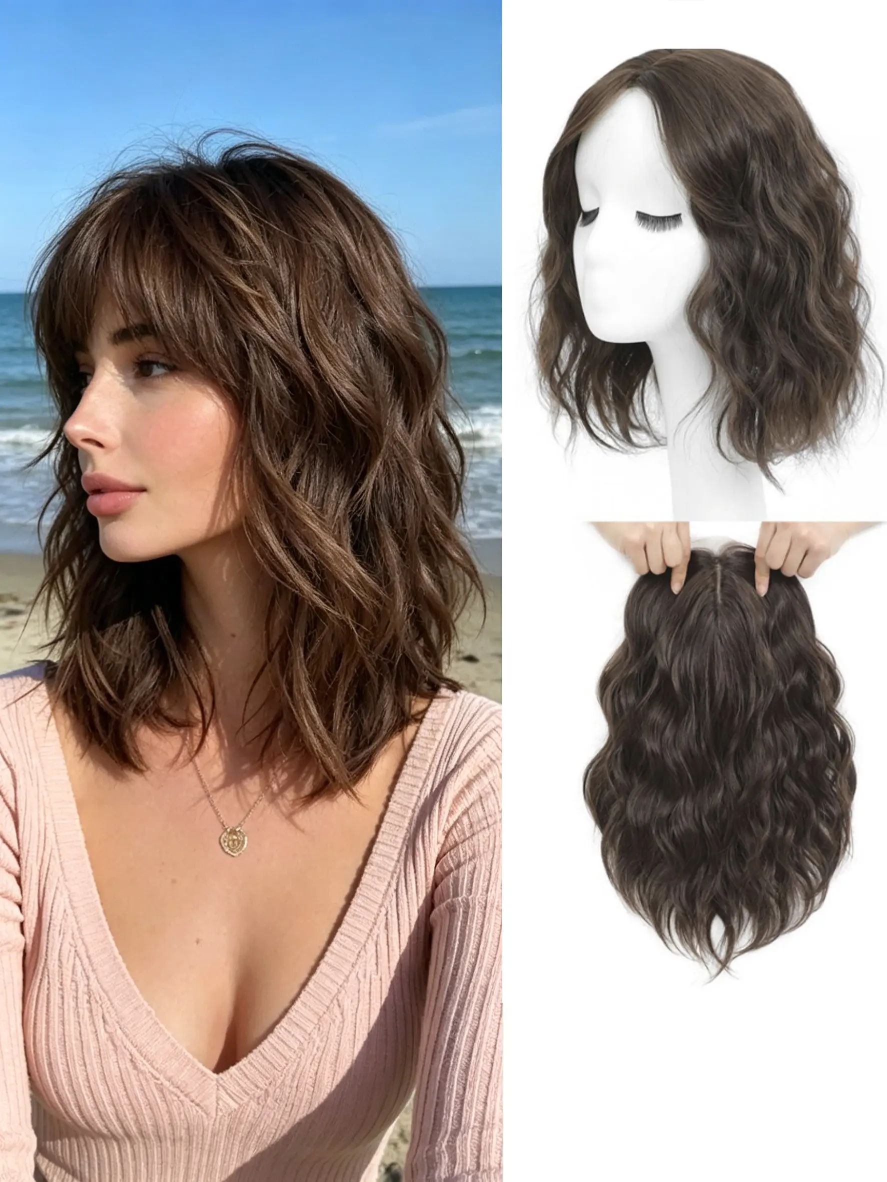 💎Ultra-natural clip-in wavy hair topper for women struggling with thinning hair! Solid rich chocolate bob wave style with soft bangs, durable 100% Kanekalon fiber brings lifelike bouncy volume for work or beach travel styling #HairPieces