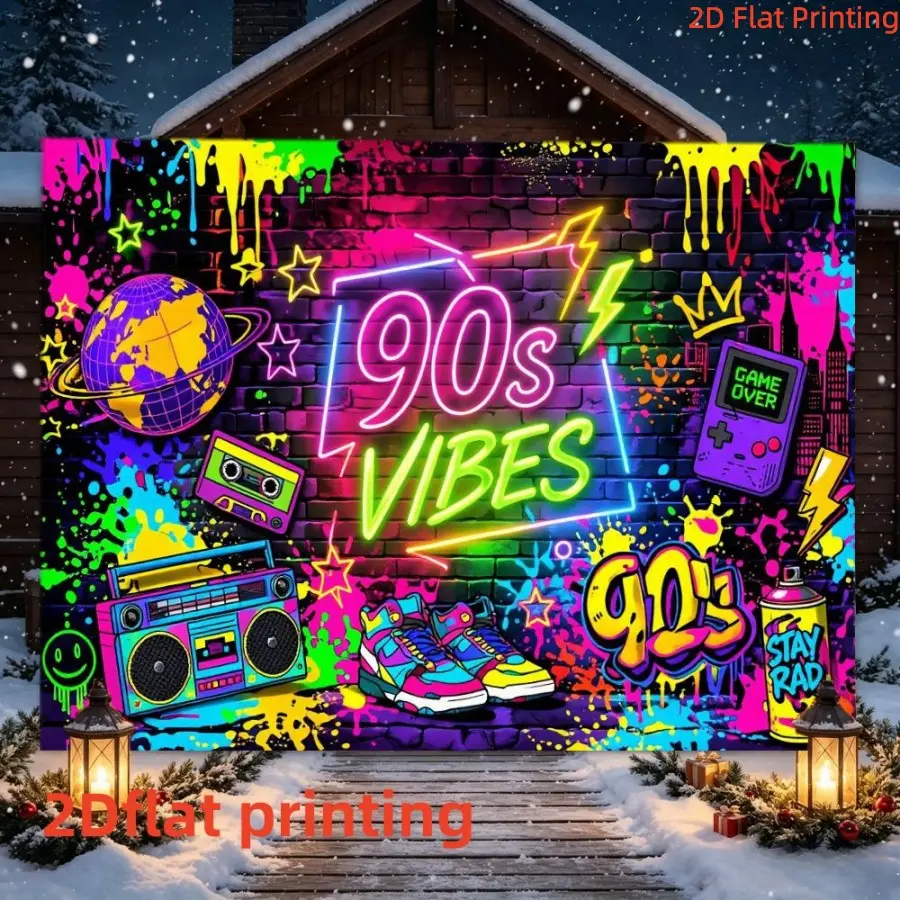 2D Flat Banner 1pc, Retro Neon Style Background Cloth, Street Art Graffiti, Vintage Game Console, Party Photo Backdrop, Music Festival Decor, Bedroom Wall Decor, Polyester Material, Multiple Sizes Available