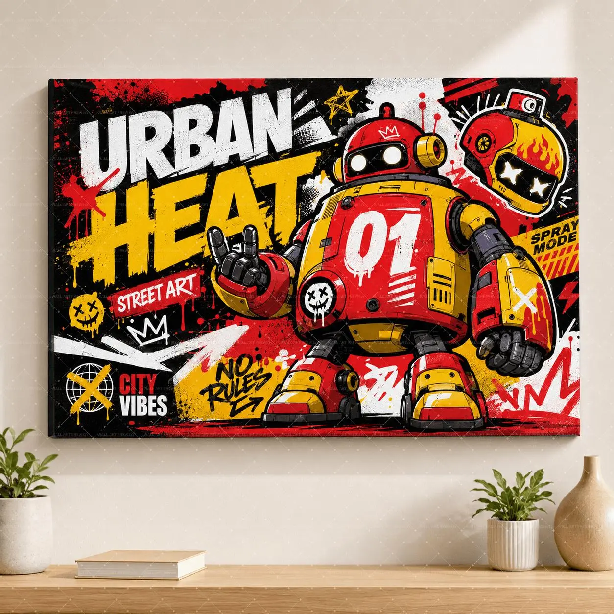 Urban Heat Red Yellow Graffiti Canvas Poster, Robot Wall Art, Bold Streetwear Print for Living Room, Teen Bedroom, Gaming Room, Modern Aesthetic Home Decor Gift,wall decor,poster.