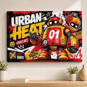 Urban Heat Red Yellow Graffiti Canvas Poster, Robot Wall Art, Bold Streetwear Print for Living Room, Teen Bedroom, Gaming Room, Modern Aesthetic Home Decor Gift,wall decor,poster.