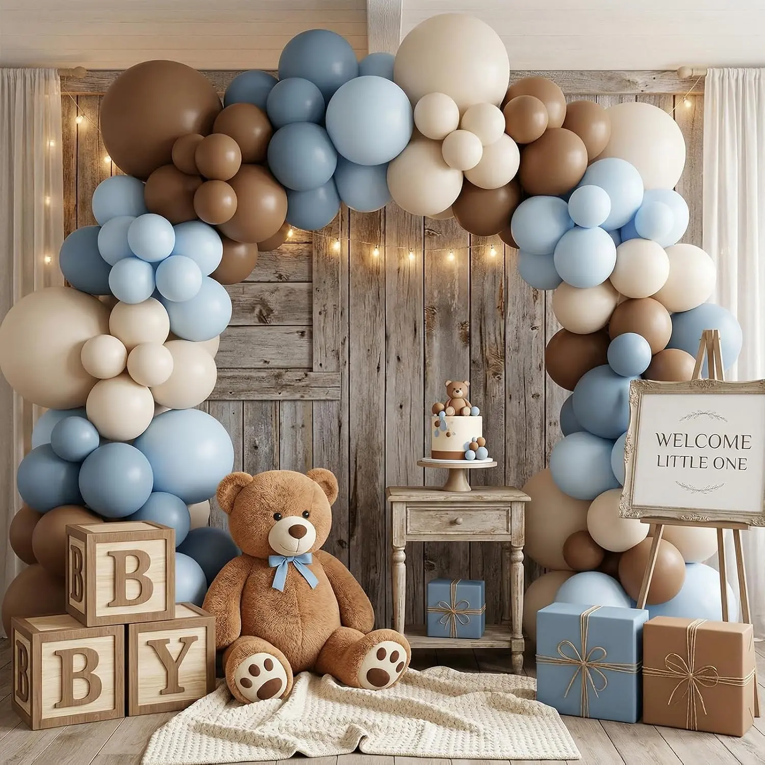 122Pcs Dusty Blue & Coffee Brown Balloon Arch Garland Kit, 10-Inch Matte Sand White Balloons, Boho Bear Boy Baby Shower Supplies for Baptism, Anniversary, Retirement