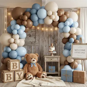 122Pcs Dusty Blue and Brown Balloon Arch Kit, Boho Bear Baby Shower Decorations for Boy, Matte Coffee Brown Sand White Blue Balloon Garland, We Can Bearly Wait Birthday Party Supplies