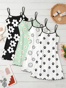 4-Pack Women's Strapless Nightdresses, Cat Paw Flower Smile Print Pajamas, Sweet Home Wear for Spring Summer, All-Over Print, Casual Style