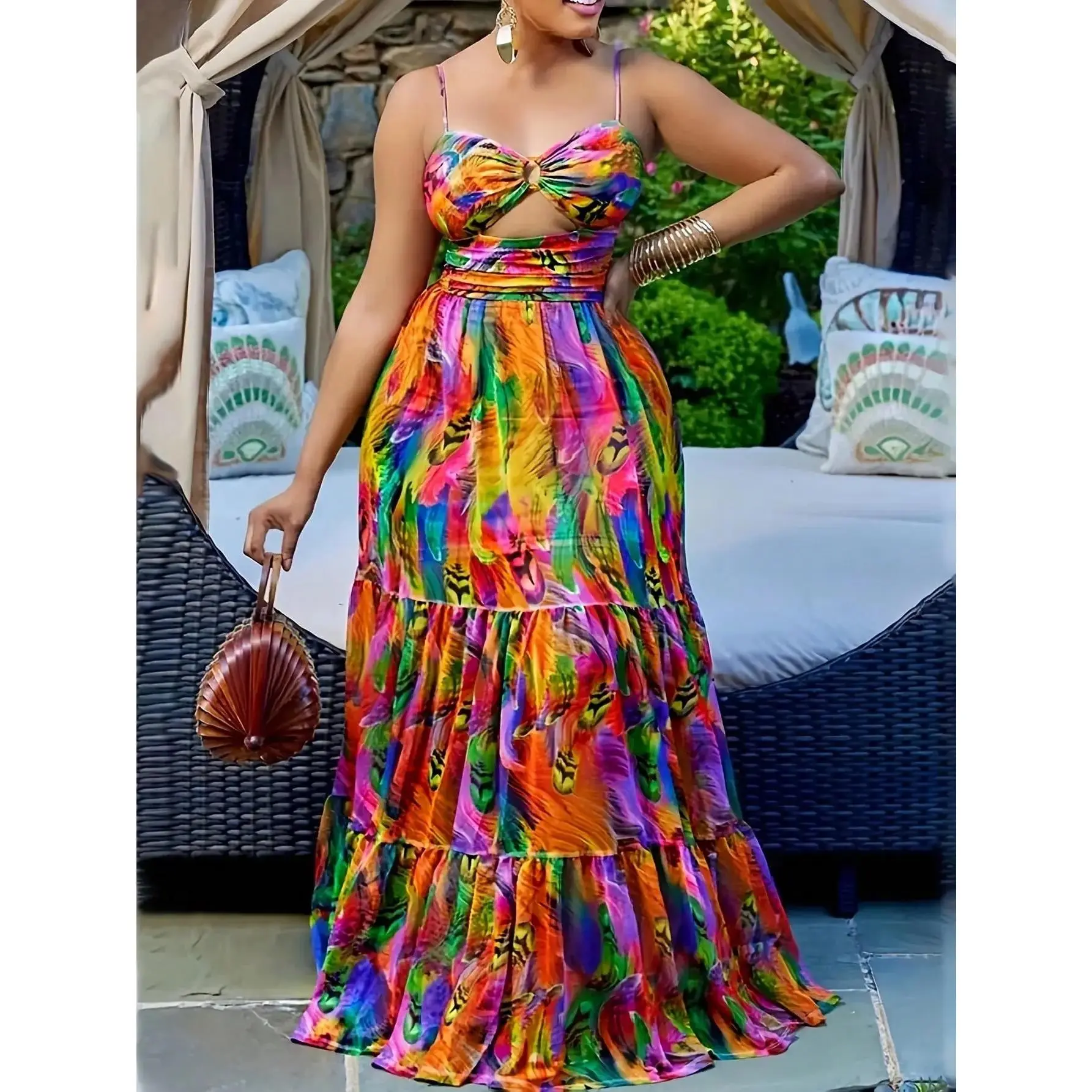 Sexy printed hollow out patchwork suspender multicolor dress