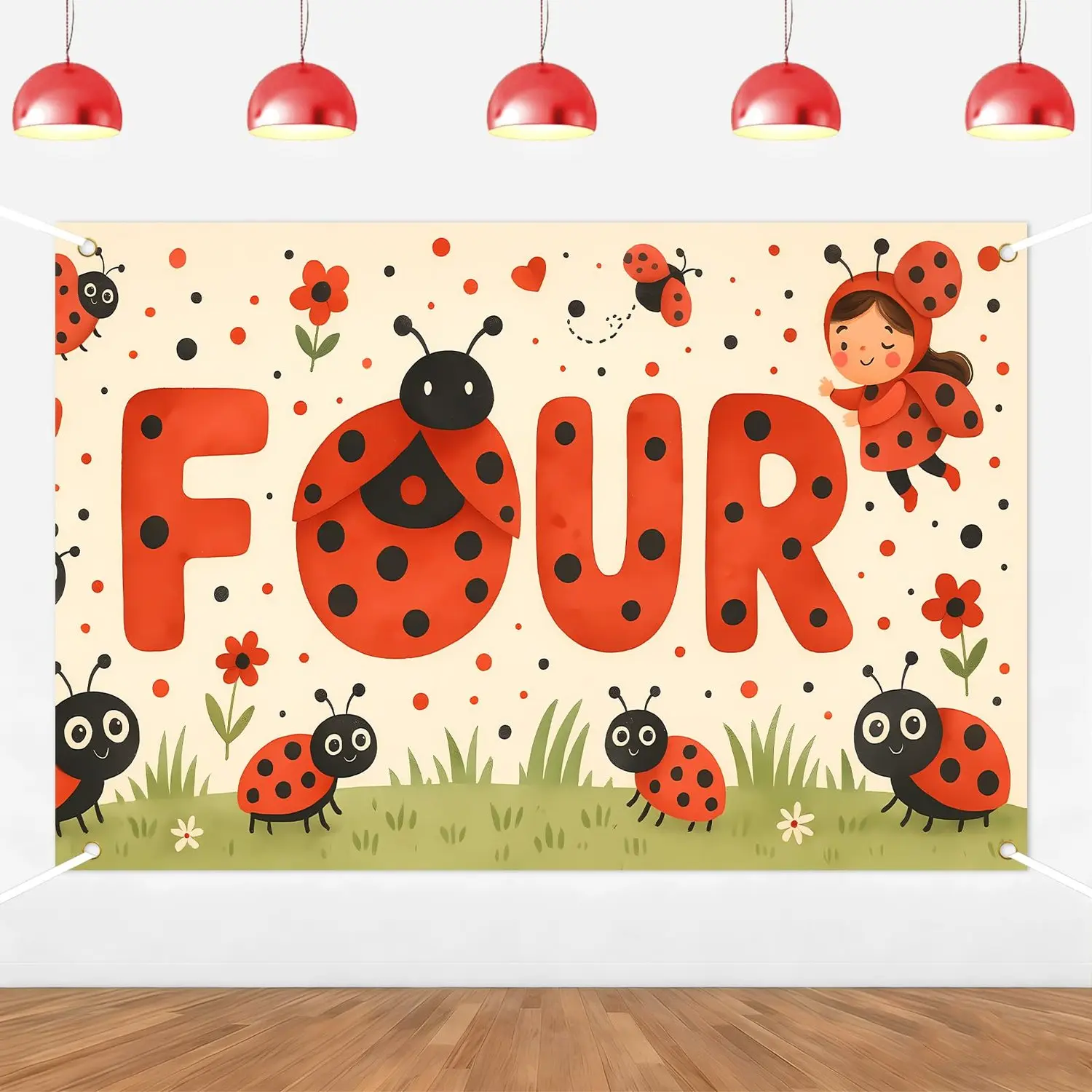 1Set Ladybug Theme 4th Birthday Backdrop Little Ladybug Birthday Party Decorations Cute Bug Floral Banner for Girl Insect Theme 4th Birthday Decor Party Supplies Photo Booth Prop 5  3ft