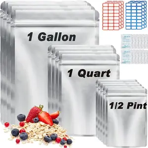 Mylar 100 Pack Food Storage Bags with Oxygen Absorbers, 1 Gallon 9.4 Mil 10"x14", 7"x10", 5"x7" Stand-Up Zipper