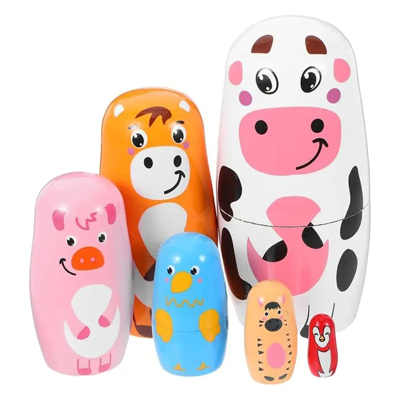 6-Piece Handcrafted Wooden cow Russian Nesting Dolls Stackables Home Decor Collectible Toy Gifts for Kids and Adults, Ideal for Festive and Birthday Present
