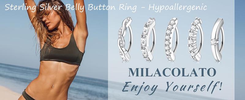 MILACOLATO 14G Belly Button Rings for Women Hypoallergenic 925 Sterling Silver Clicker Belly Button Ring Cubic Zirconia Paved Reverse Curved Navel Rings Barbell Belly Piercing Jewelry