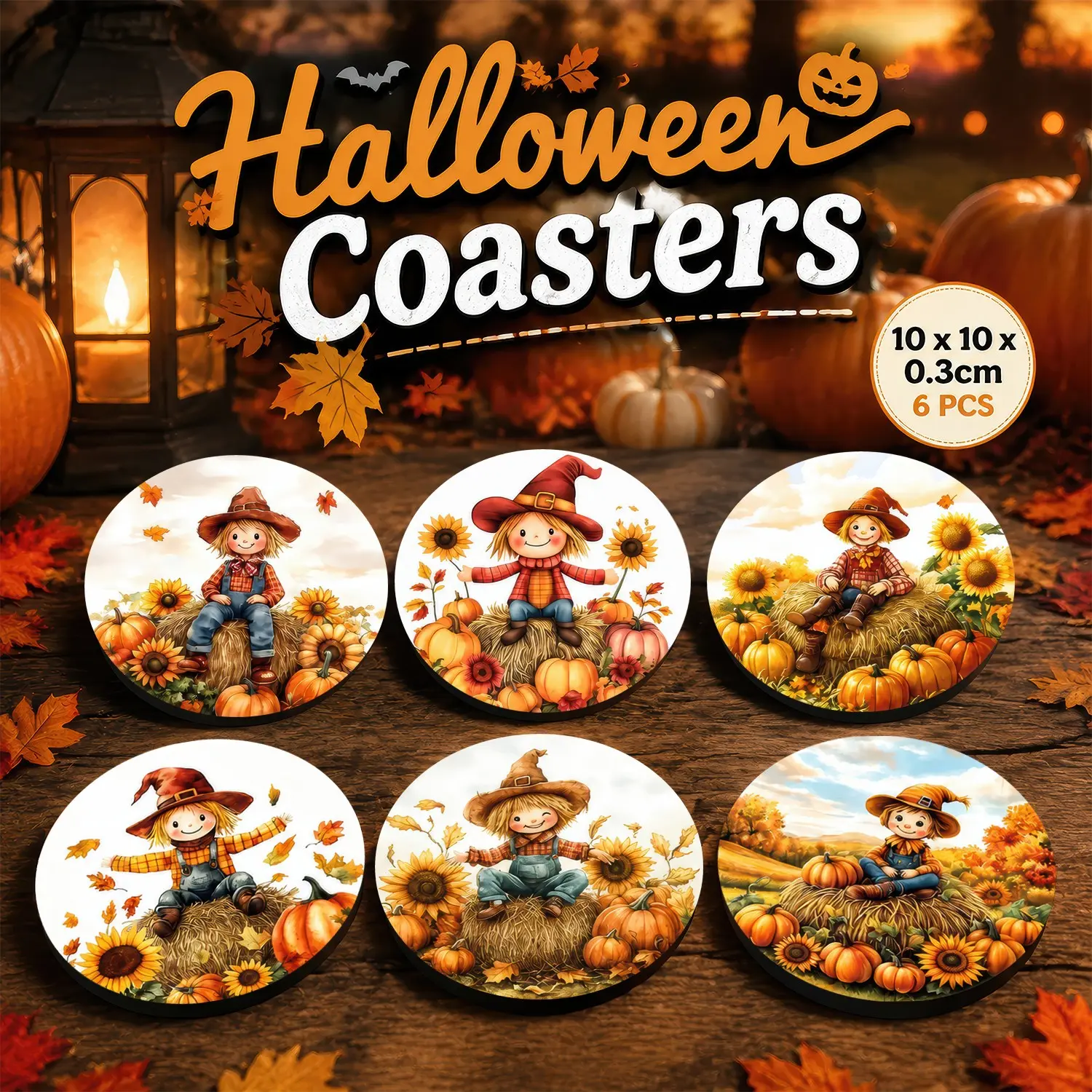 🌻 6PCS Fall Harvest Scarecrow Coasters Set | Cute Wooden Sunflower Pumpkin Haystack Drink Coasters | Farmhouse Autumn Kitchen Decor | Thanksgiving Coffee Table Accessories
