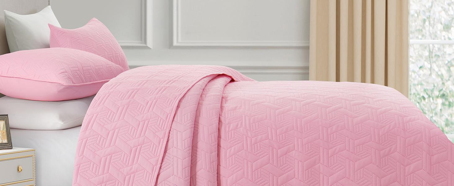 Pink King Size Bedding Set with Pillow Shams, Summer Lightweight Bedspread Coverlet, Soft Quilted Blanket Thin Comforter for All