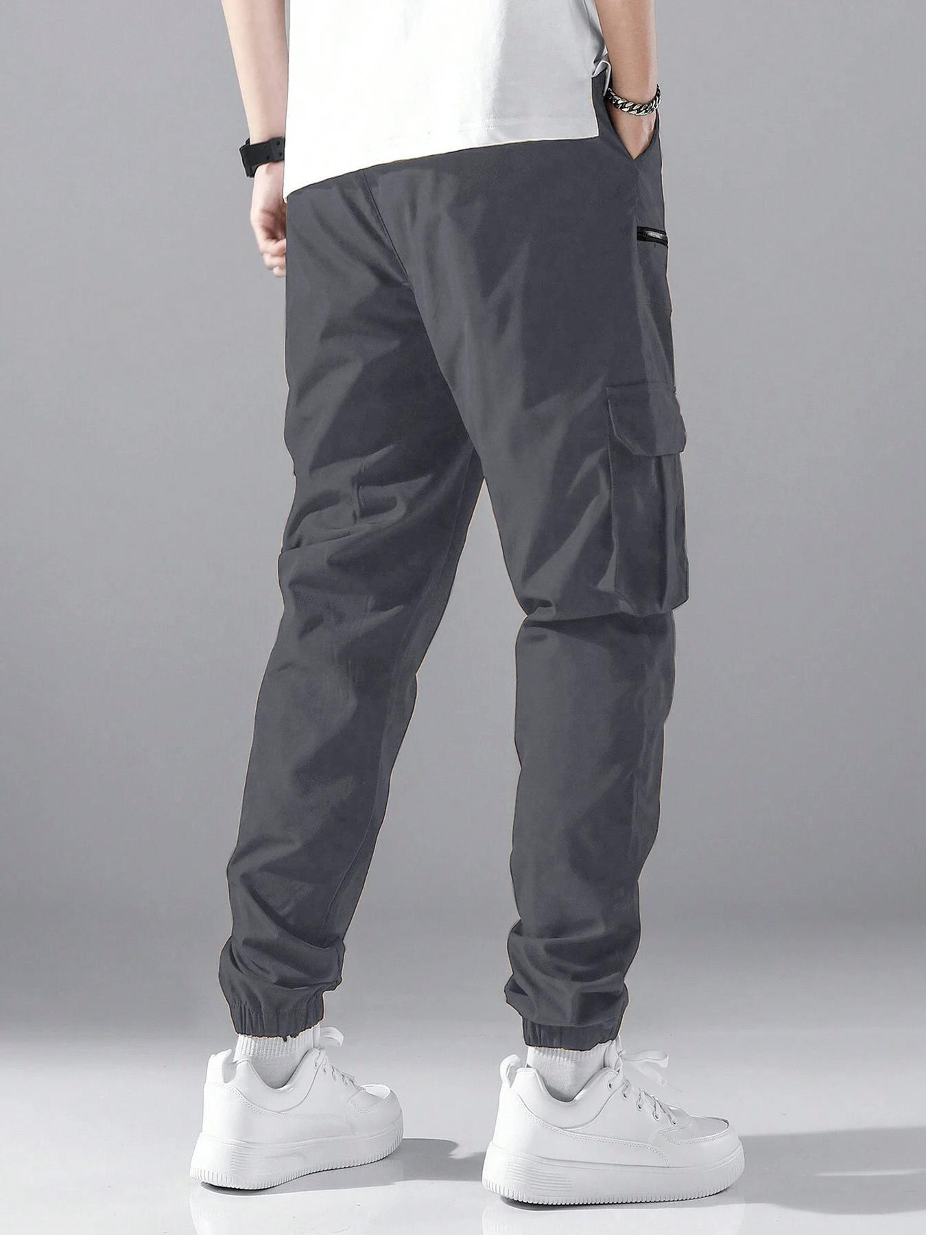 Men's Loose Solid Pocket Drawstring Waist Cargo Pants, Street Fashion Zipper Jogger Pants For Daily Wear, Casual Men's Trousers For All Seasons