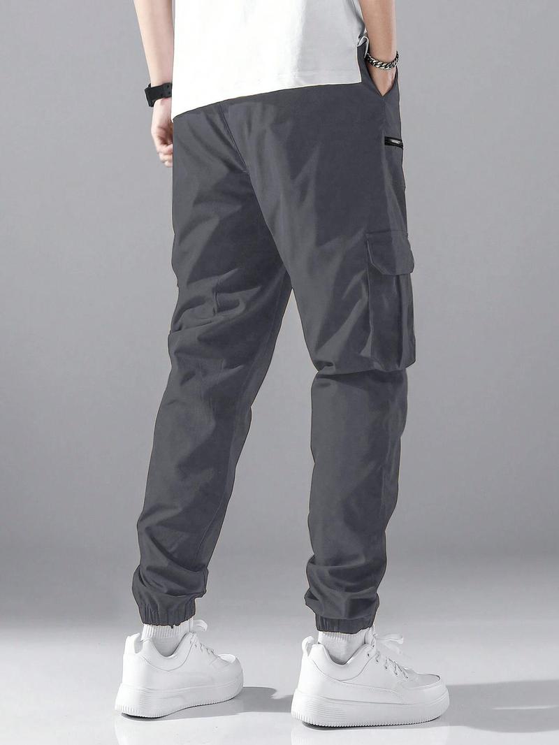 Men's Loose Solid Pocket Drawstring Waist Cargo Pants, Street Fashion Zipper Jogger Pants For Daily Wear, Casual Men's Trousers For All Seasons